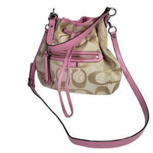 Coach Signature Daisy Outline Drawstring Bag Fabric Tan Pink F25676 Hobo Bucket